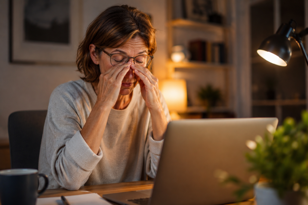 Symbolfoto: Person sitzt abends vor dem Laptop, reibt sich die Augen; Gleitsichtbrille sichtbar, Hintergrund leicht unscharf, Stimmung: leichte Frustration.